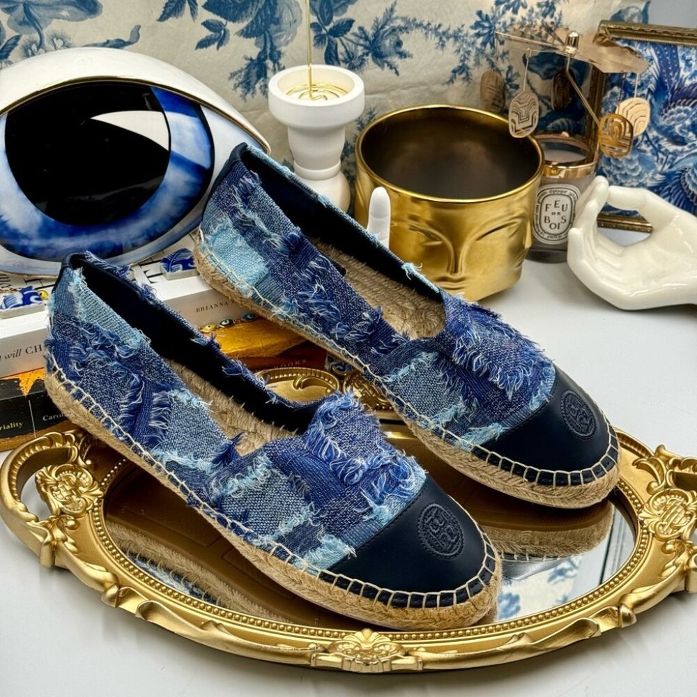 🆕 TORY BURCH 🧿 NWOB Colourblock Frayed Denim Espadrilles, Sz US 10 - Picture 13 of 16